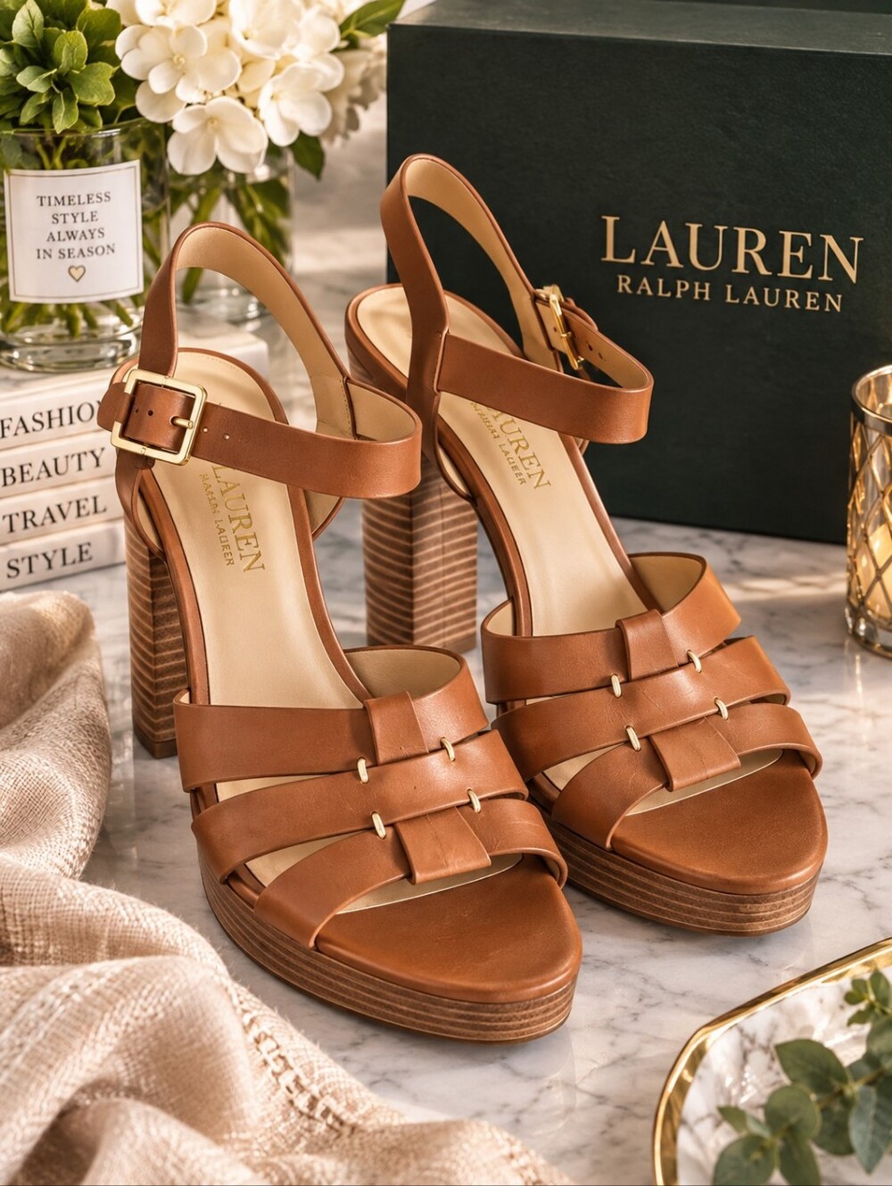 Lauren Ralph Lauren Brown Leather Strappy Slingback Platform Heels Size 9.5 New